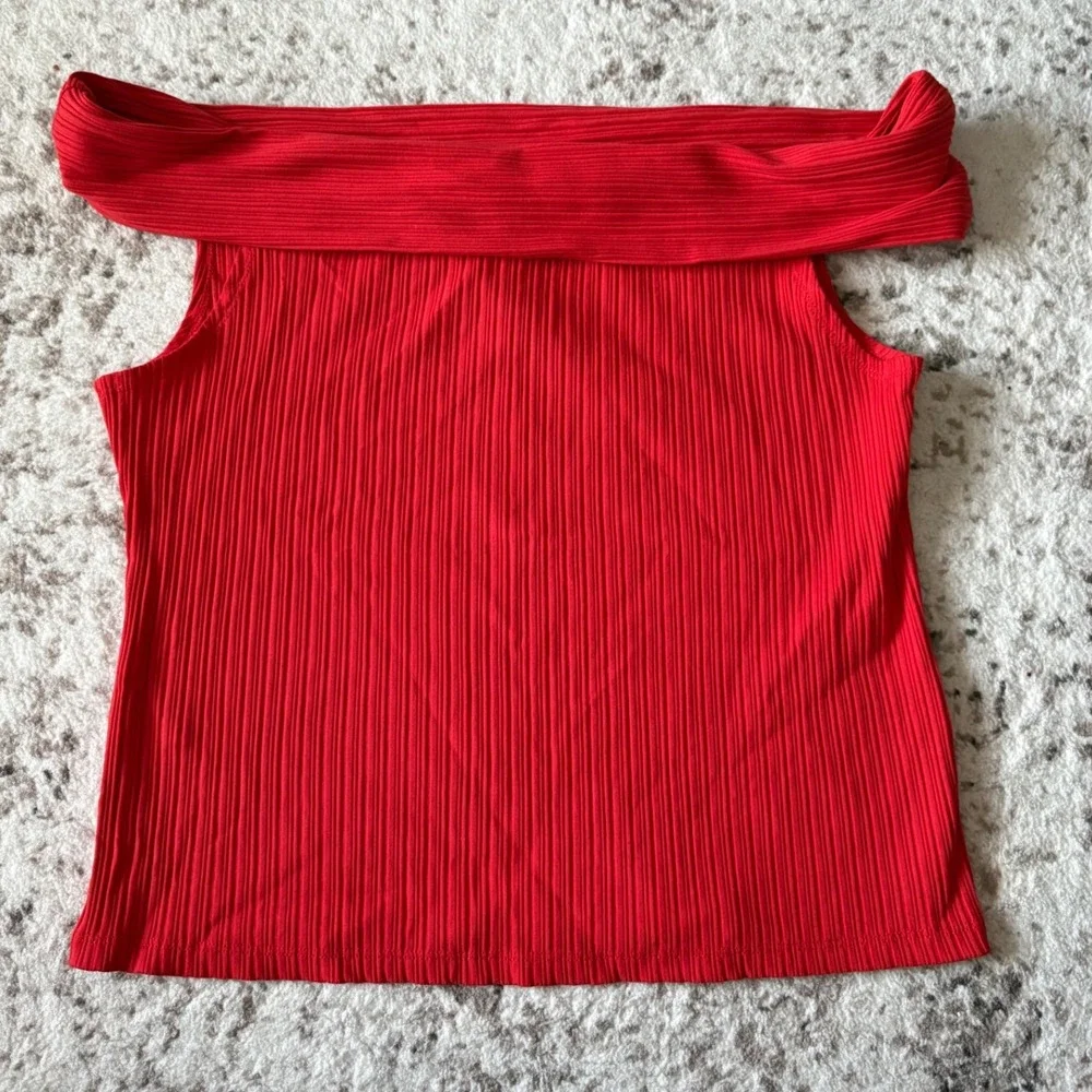 Madewell Top Women XL Red Off-the-Shoulder Ribbed Foldover Neck Cotton Blend NWT
